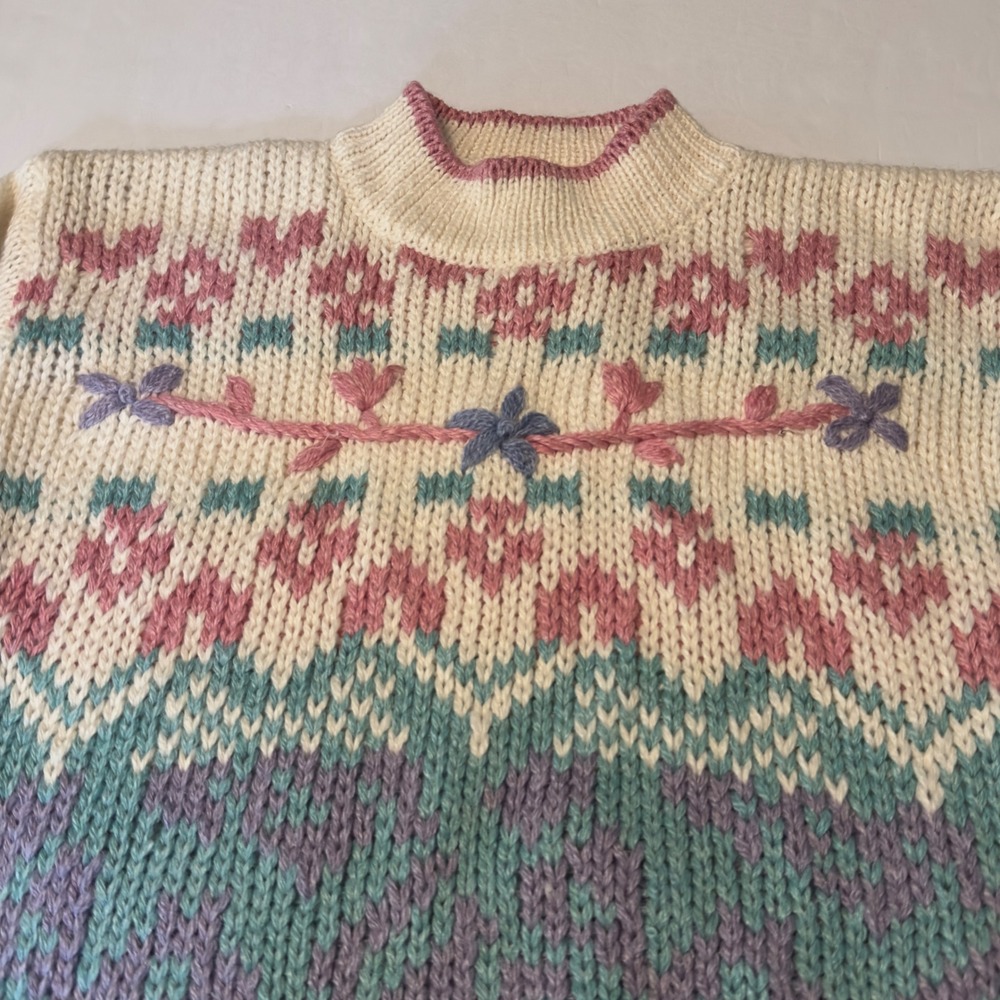 Colter Bay Sweater Cream Pink Floral Hand Loomed Vintage 1989 Large Cottagecore